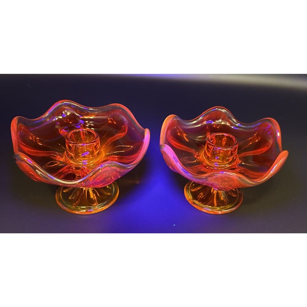 MCM VIKING Persimmon Amberina 6 Petal Candle Holders GLOW - Picture 8 of 10